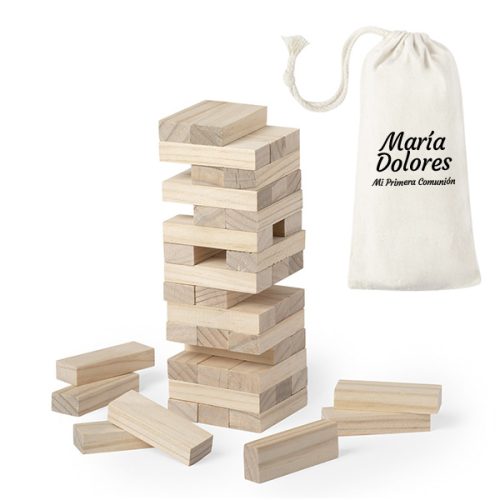 Juego Jenga con bolsa personalizada. Detalles de comunión